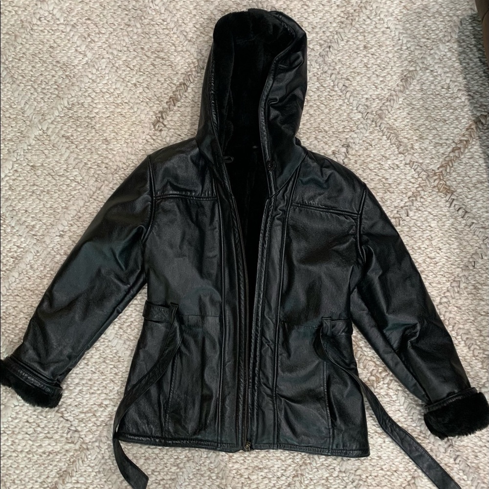 Leather coat w/ faux fur lining